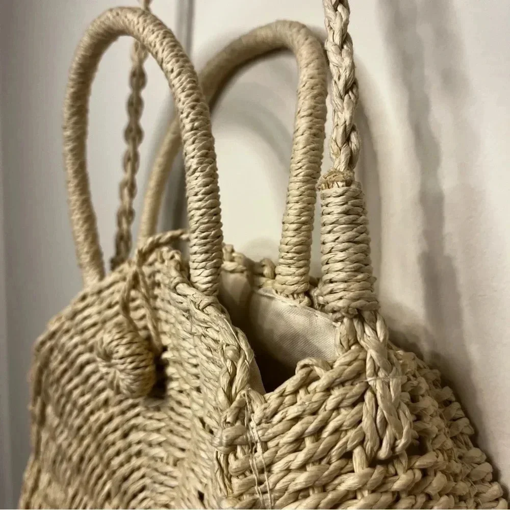Beachy Boho Natural Woven Round Straw Satchel Crossbody Bag